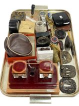 Art Deco inkwell, netsukes and Oriental pieces, two clocks, wristwatches, etc.