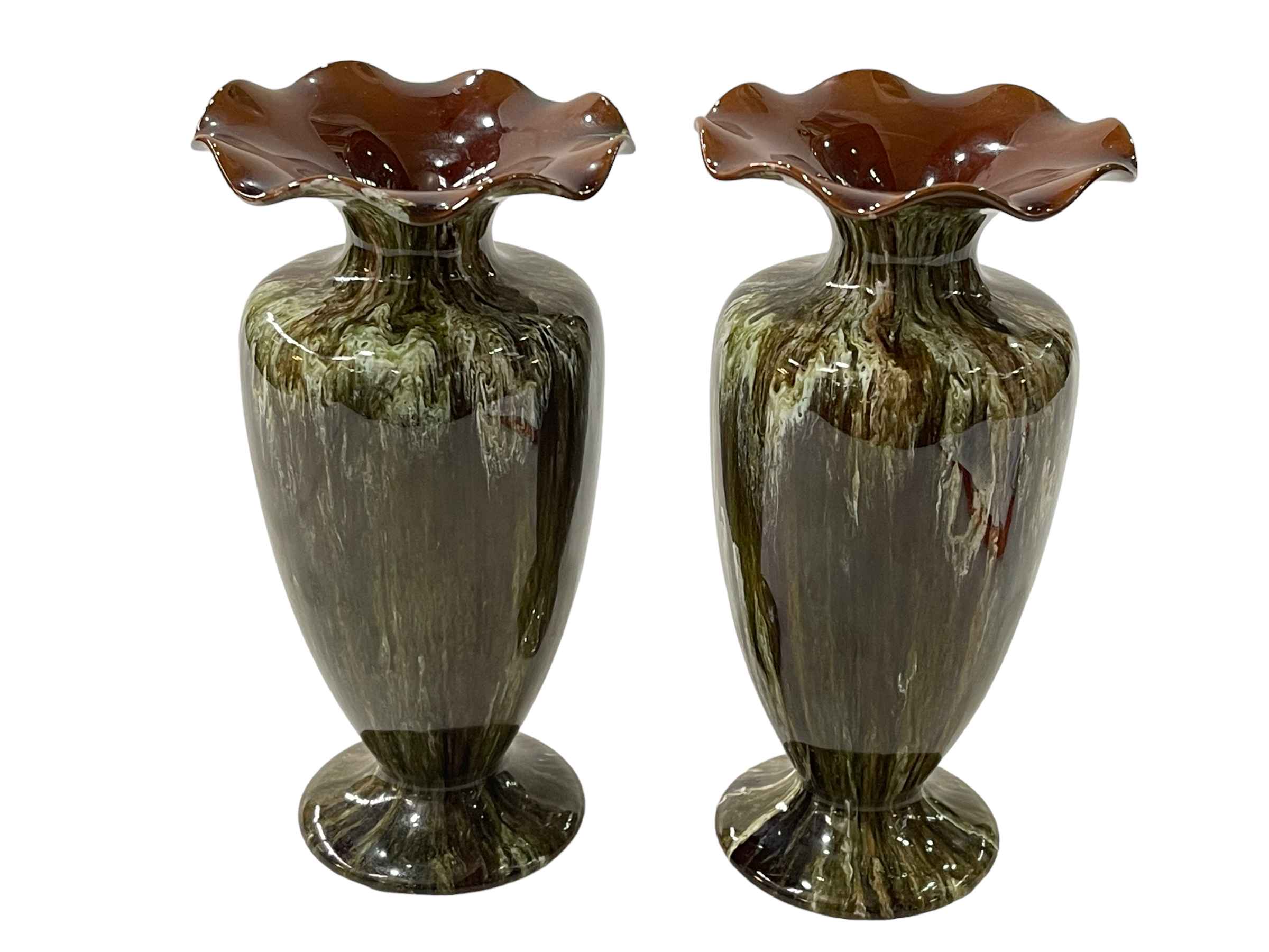 Pair of Linthorpe Pottery green/brown streak glazed vases, shape number 1767, 21cm.