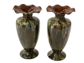 Pair of Linthorpe Pottery green/brown streak glazed vases, shape number 1767, 21cm.