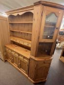 Pine shelf and spice drawer back dresser and pine glazed door top standing corner cabinet.