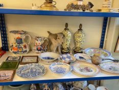 Pair of pottery table lamps, Delft and other plates, tiles, soft toy, etc.