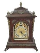 Oak and brass mounted mantel clock with brass and silvered dial, 42cm.