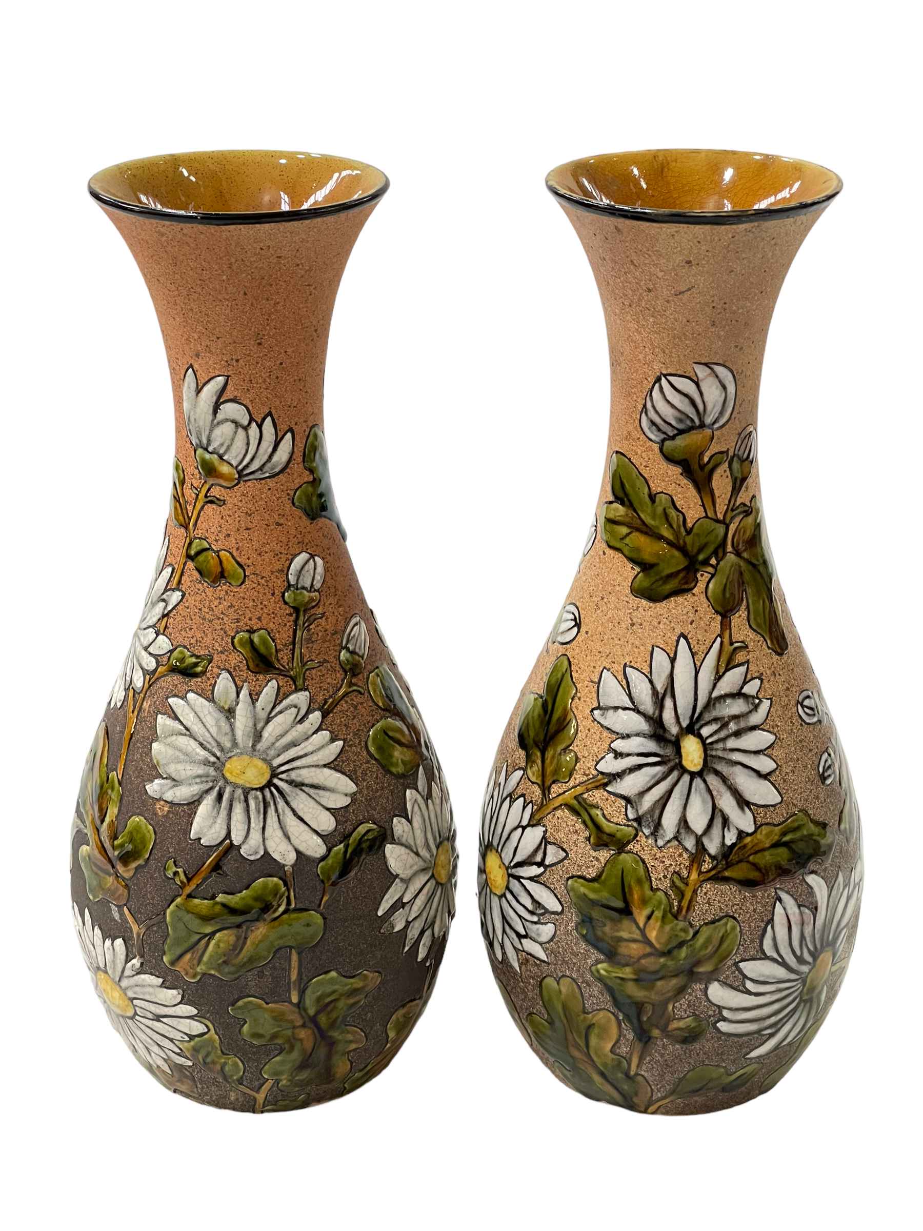 Pair Chr Dresser Linthorpe Pottery vases with glazed flower decoration,