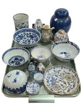 Collection of Oriental blue and white including bowls, brush pot, vase, ewer, ginger jar, etc.