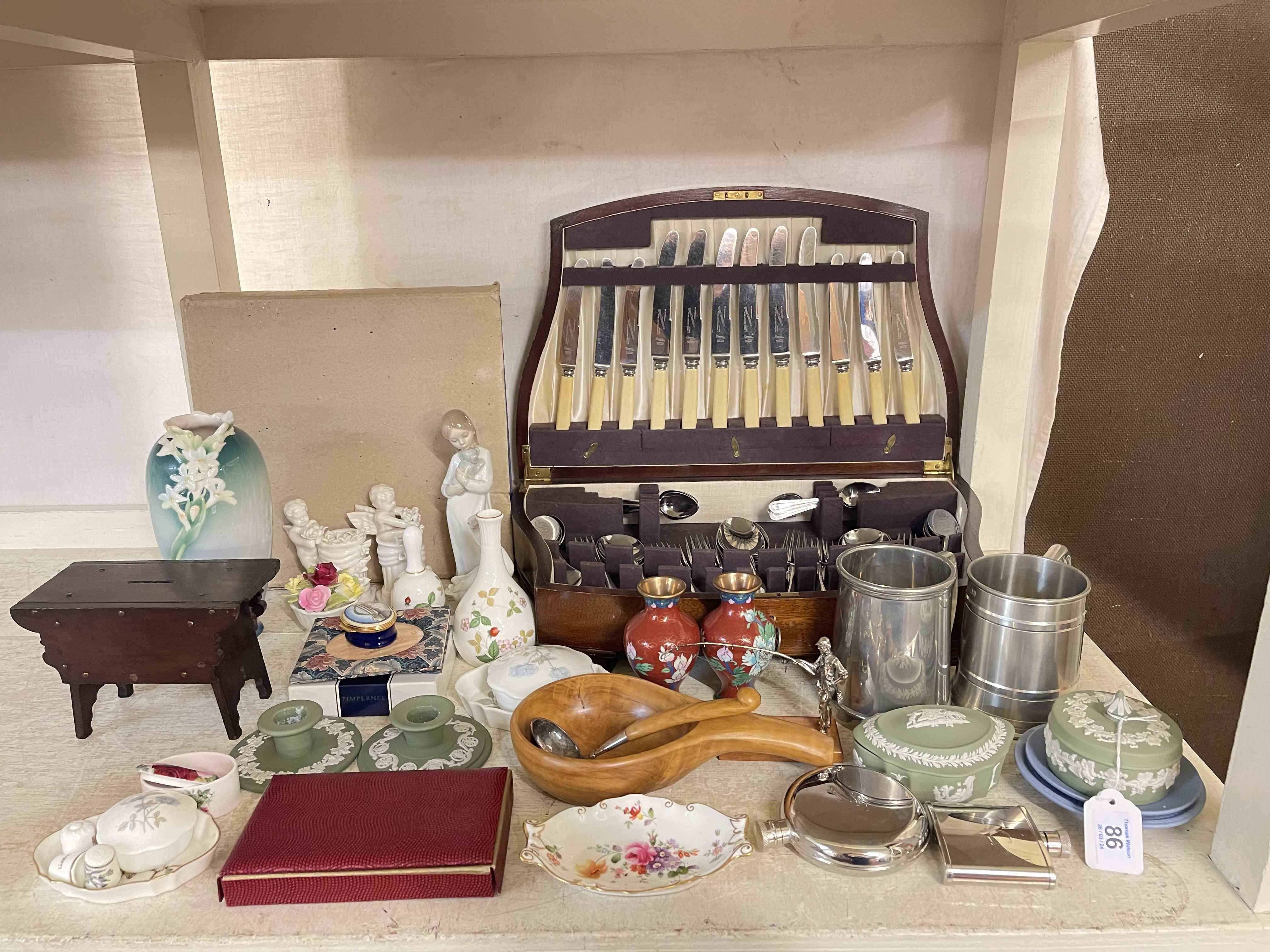 Canteen of cutlery, Cloisonné vases, Lladro, Franz, metalwares, etc.