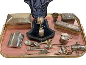 Collection of silver including cigarette box, embossed decorated box, cased egg cup and napkin ring,