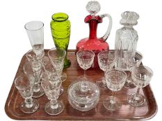 Collection of 19th Century and later glass including Cranberry ewer, decanter, glasses.