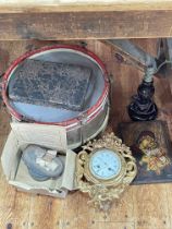 Gas mask, drum, religious plaque, gilt clock, etc.