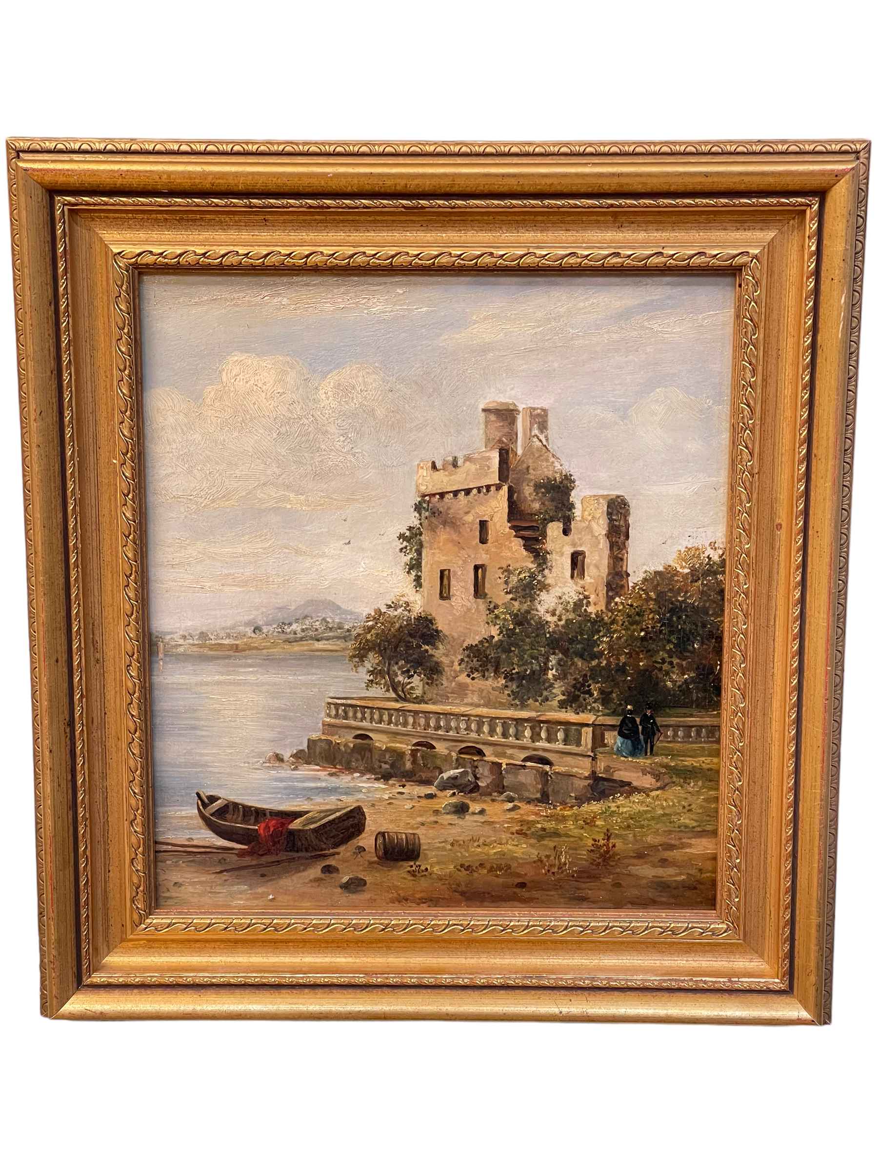 William Sinclair, Figures by a Lakeside Building, 19th Century oil on board, 27.