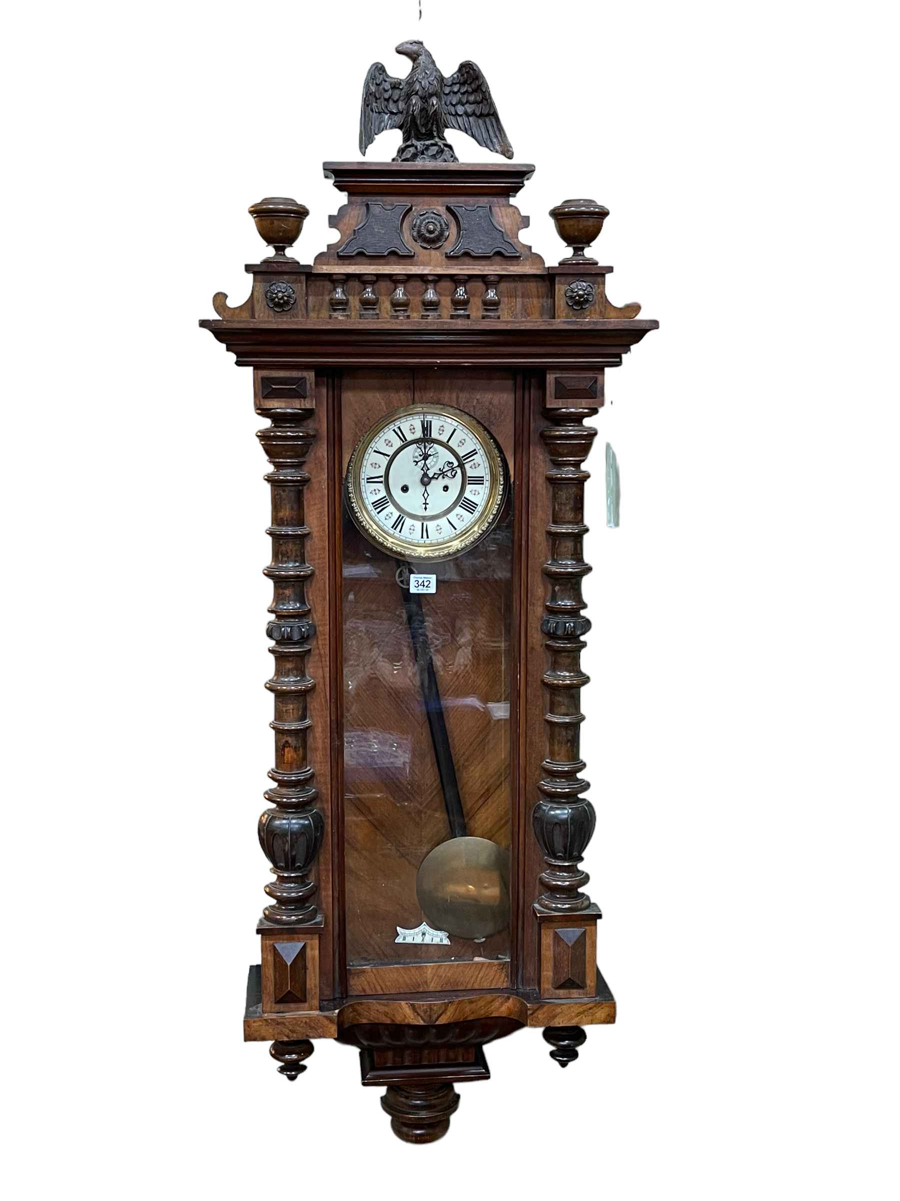 Victorian walnut cased double weight Vienna wall clock with enamelled dial.