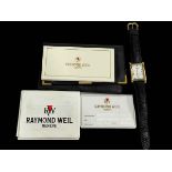 Raymond Weil tank style 18 carat gold plated wristwatch with papers.