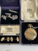 Pair 9 carat gold cufflinks, gold plated keyless hunter, and silver Mackintosh pendants and chain.