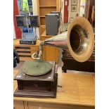 Gramophone with horn marked His Masters Voice.