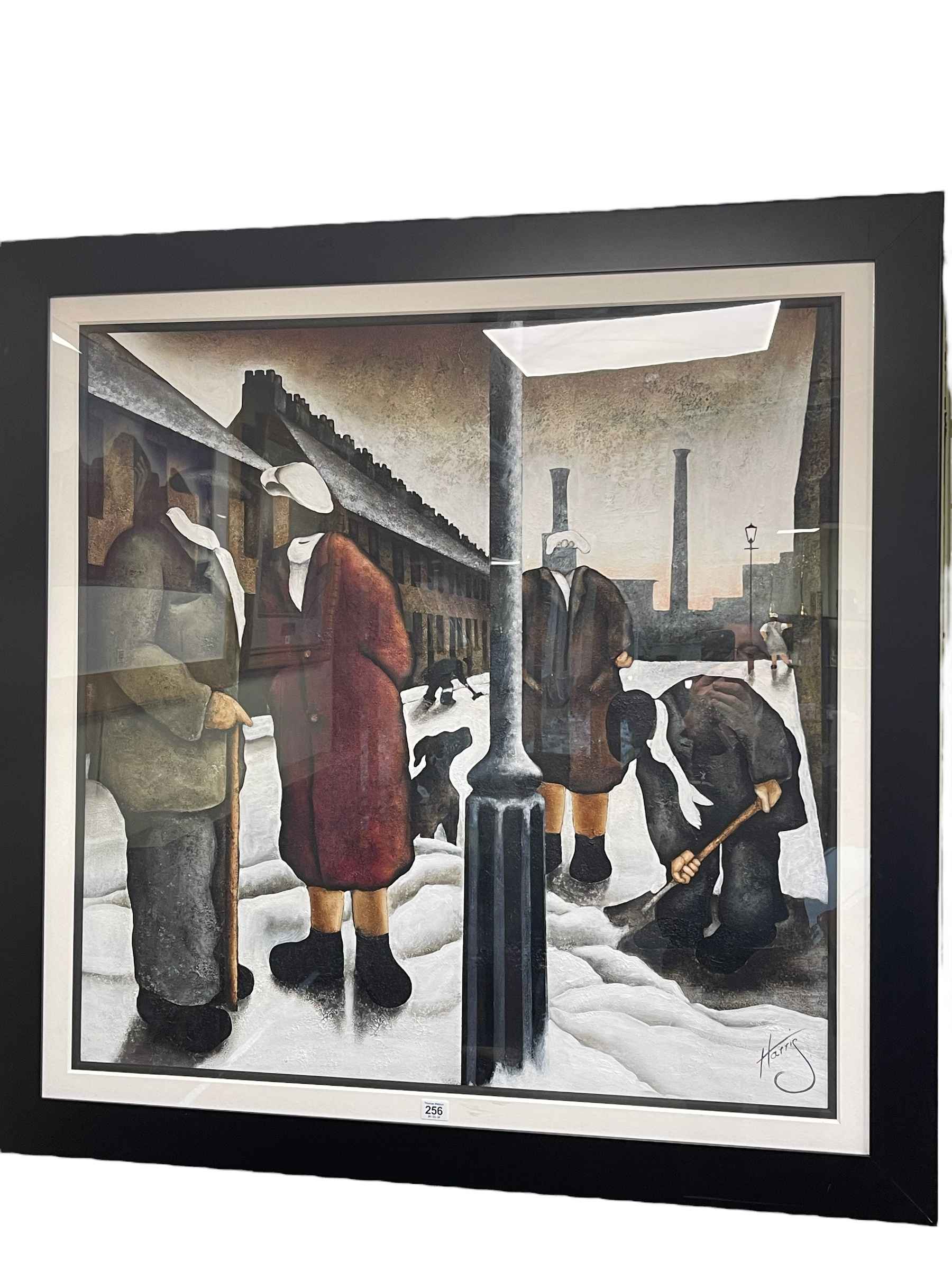 Lou Harris, Clearing the Snow, oil on paper, signed lower right, 88cm by 88cm, framed.