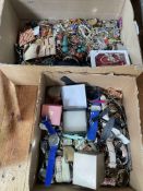 Box of costume jewellery and box of wristwatches.