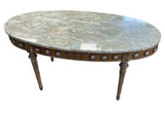 Continental oval marble topped coffee table having roundel decorated frieze, 48.5cm by 109cm by 53.