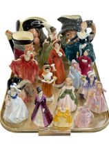 Ten Royal Doulton figures, four character jugs and toby, and four Coalport figures (18).