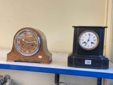 Vintage oak mantel clock and a slate mantel clock.