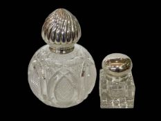 Large Victorian silver topped scent bottle, Birmingham 1889, 17cm, and silver topped inkwell,