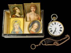 9 carat gold albert, 8 day keyless pocket watch and collection of four miniatures.