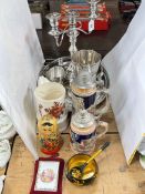 Silver plate wares including ice bucket, beer steins, etc.