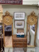 Pair rectangular gilt framed lady portrait bevelled wall mirrors, 176cm by 53cm.