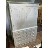 Antique painted oak and pine press having two doors above three short and three long drawers,