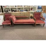 Victorian oak framed three piece parlour suite comprising scroll end chaise longue,