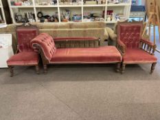 Victorian oak framed three piece parlour suite comprising scroll end chaise longue,