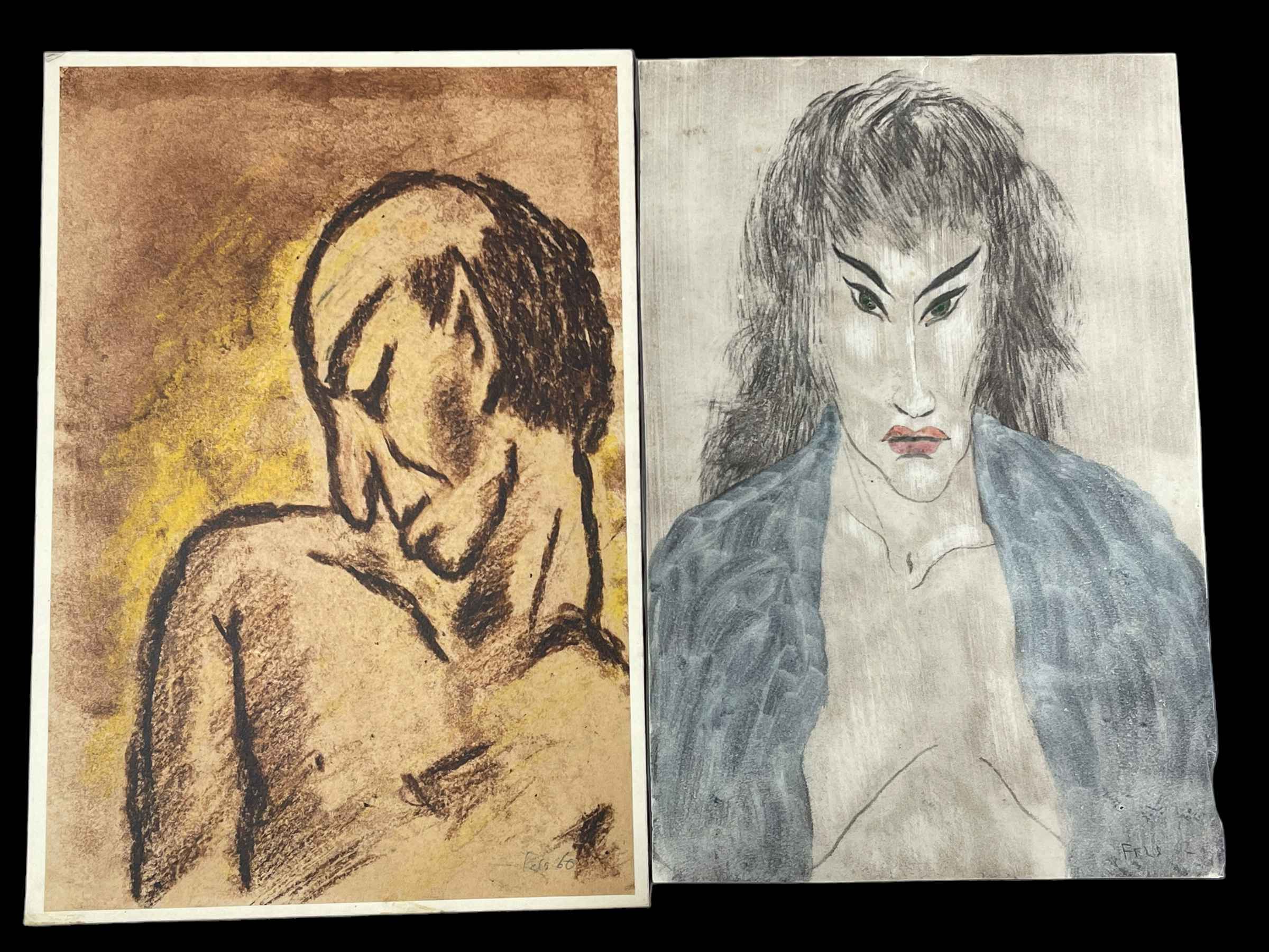 Dominic Fels 1909-1974, two signed portraits, 37cm by 25cm, unframed.