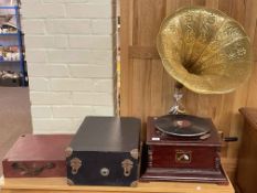 His Masters Voice gramophone with horn, Mayfair gramophone and records.