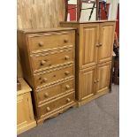 Pine five drawer chest and pine four door entertainment cabinet (2).