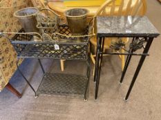 Wrought iron plant trough, granite topped plant stand, pair brass urns and companion set.