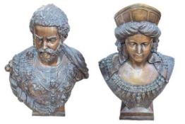 Pair of large bronzed busts of a Roman Soldier and Roman Empress, 93cm and 102cm high.