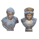 Pair of large bronzed busts of a Roman Soldier and Roman Empress, 93cm and 102cm high.