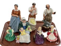 Seven Royal Doulton figures including Rag Doll Seller and Farmers Wife.