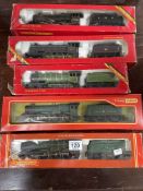 Five Hornby OO Gauge steam locomotives including two Hall Class, all boxed.