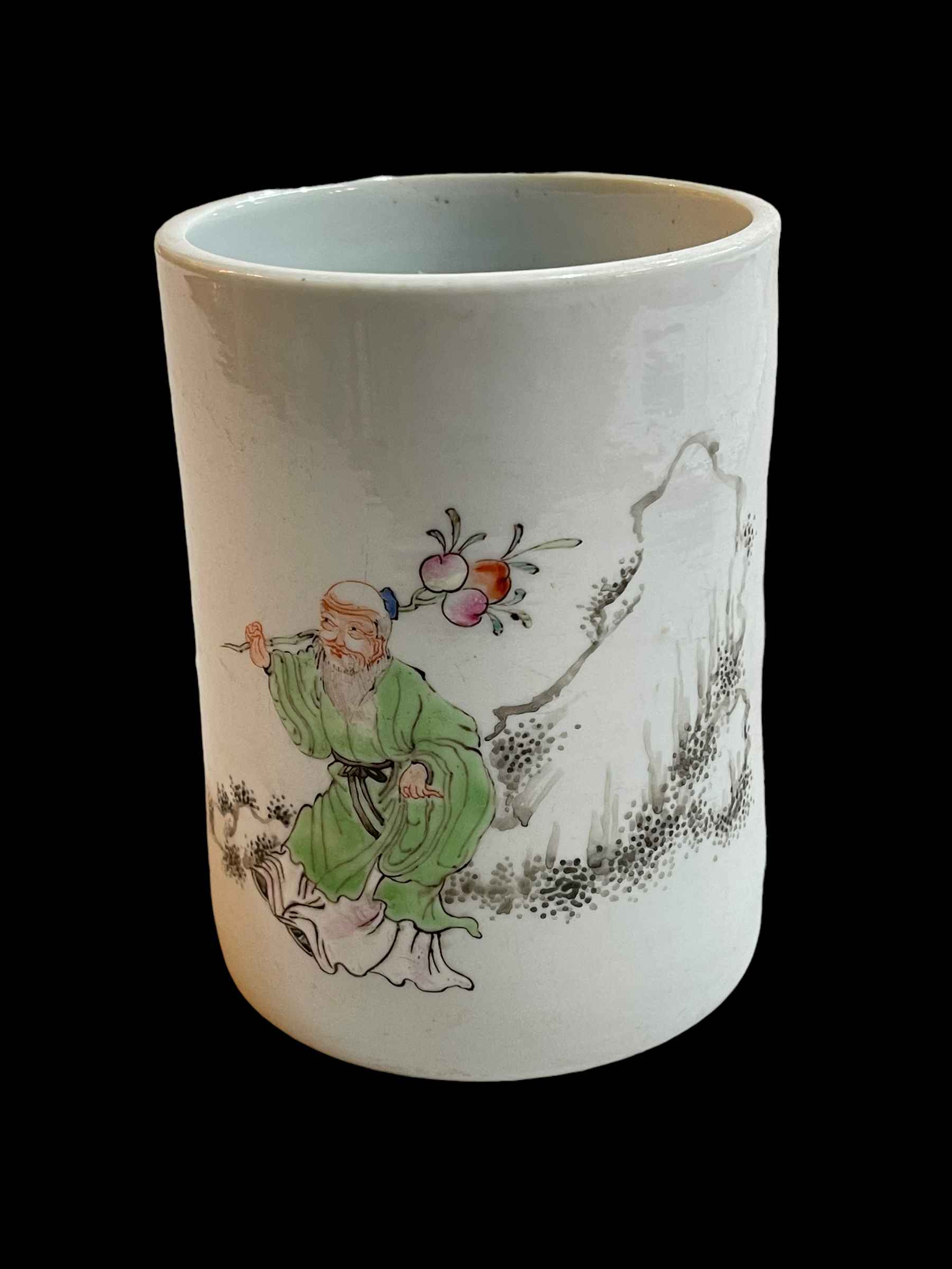 Chinese pottery brush pot decorated with figure in landscape and verse, 13cm.