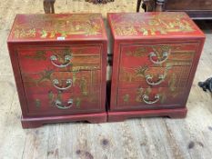 Pair red chinoiserie decorated three drawer pedestal chests, 51cm by 42cm by 28cm.