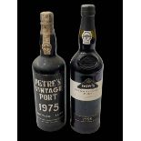 Two bottles of port, Petre's 1975 vintage, and Dows 1998.