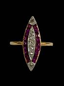 Pink sapphire and diamond marquise set 18 carat gold ring, size J/K,