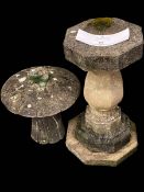 Weathered octagonal pedestal bird bath and weathered frog and toadstool garden ornament.