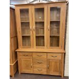 Contemporary light oak triple glazed top dresser, 201cm by 138cm by 43cm.