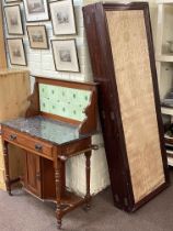 Mahogany framed four fold vanity screen with floral painted panels and Victorian walnut marble