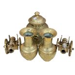 Oriental brass vases and two desk canons.
