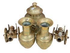 Oriental brass vases and two desk canons.