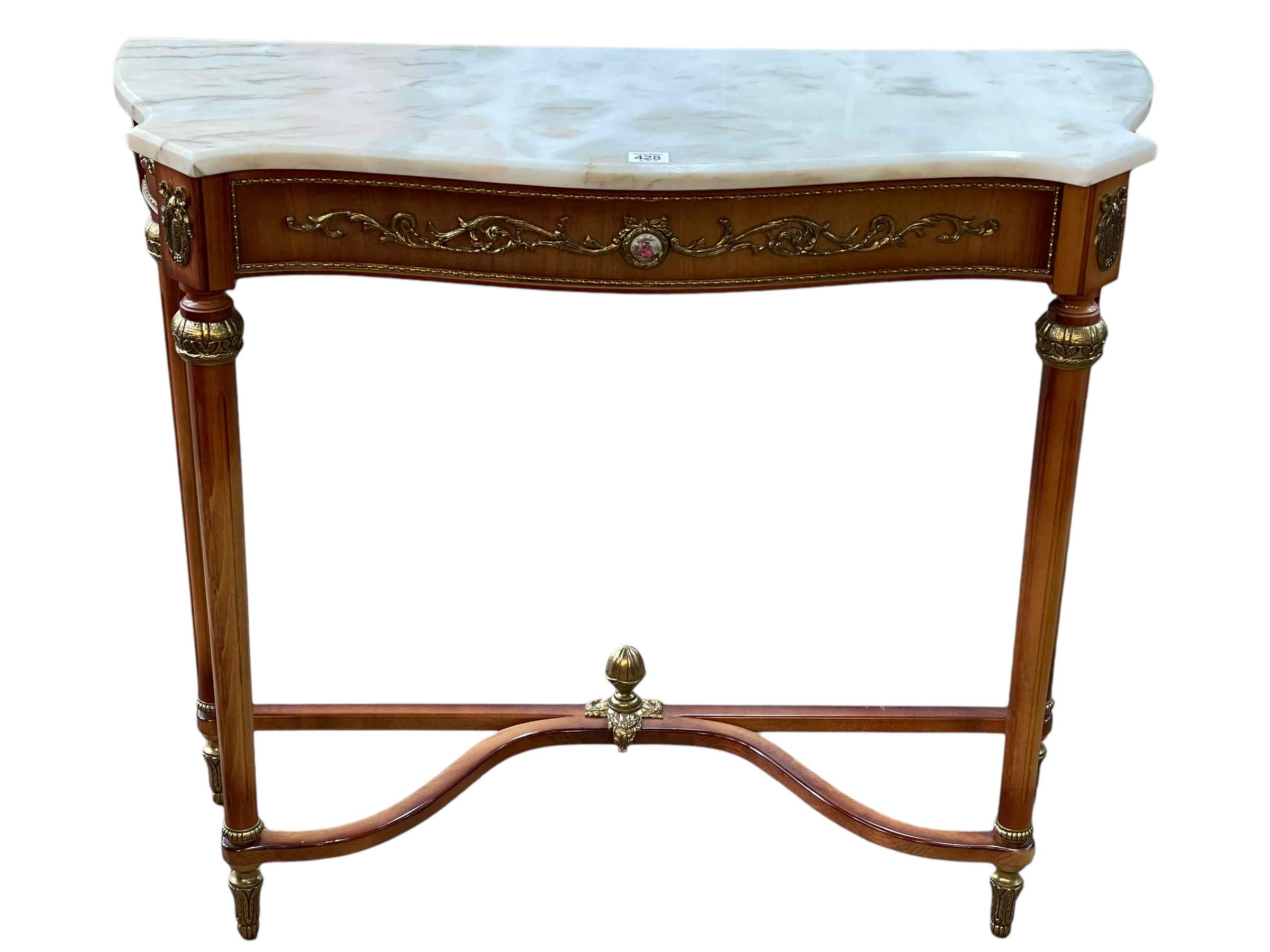 Continental marble topped and brass mounted serpentine front console table, 77cm by 88cm by 31cm.