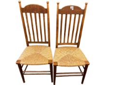 Pair oak Arts & Crafts rush seated occasional chairs.