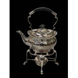 Silver plated spirit kettle, stand and burner.