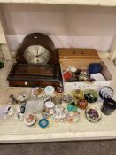 Vintage mantel clock, trinket boxes, paperweights, costume jewellery, etc.